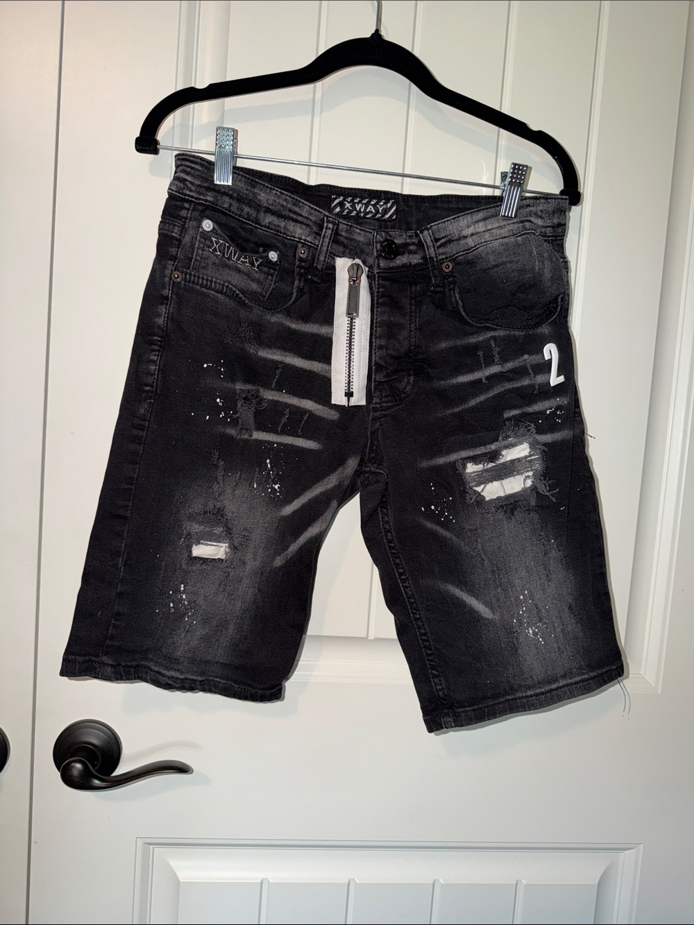 Men's Black Distressed Denim Jean Shorts with White Zip Detail